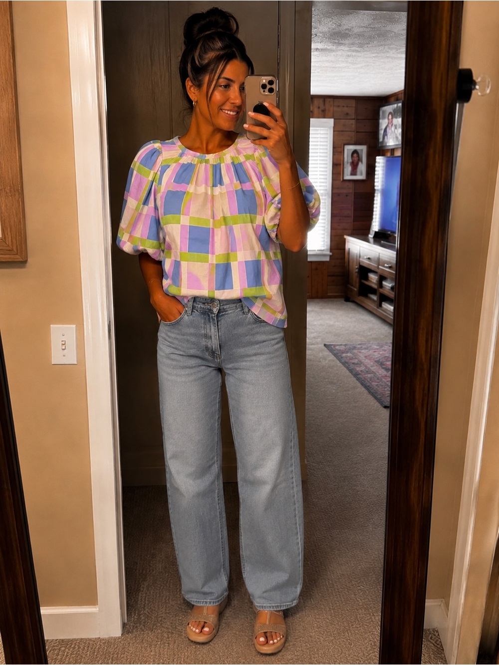 Pinch Pastel Plaid Puff-Sleeve Top